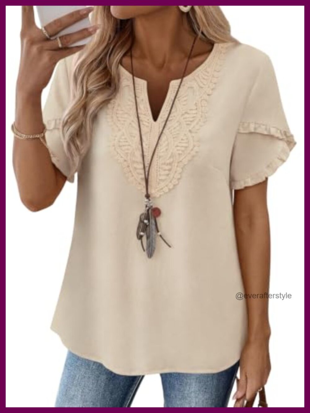 Womens Boho Lace V Neck Peasant Top Ruffle Sleeve Summer Blouse